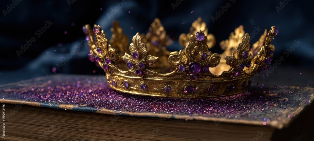 Naklejka premium The Crown Resting on an Antique Book Surrounded by Purple Gems and Glittering Dust