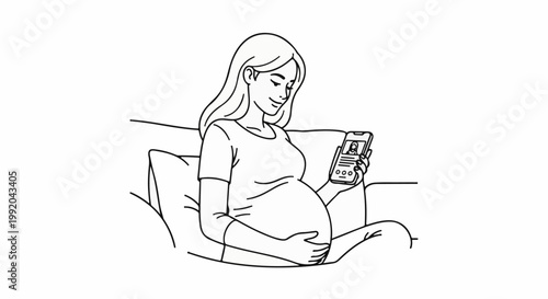 Pregnant woman happily looking at her phone while sitting on a sofa