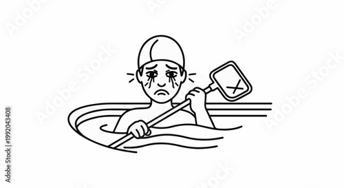 Sad person in pool with empty net, crying with worry