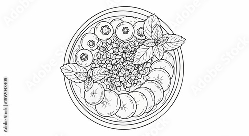 Overhead view of a circular bowl filled with sliced bananas, blueberries, grains, and mint leaves