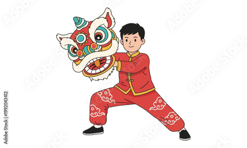 Chinese Man Holding Lion Dance Mask for Lunar New Year Celebration