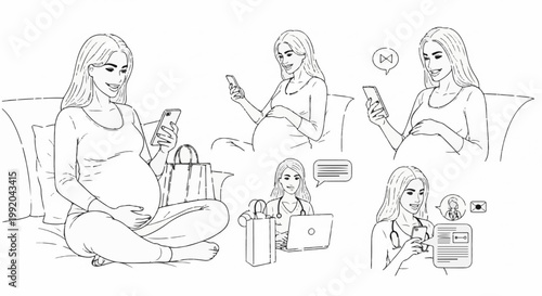 Pregnant woman and medical professional interact with technology, sharing information