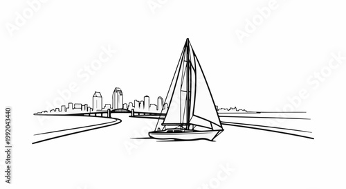 Sailboat glides on water with city skyline and bridge in background