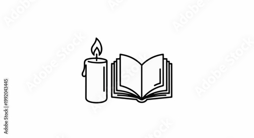 Simple line drawing of a lit candle next to an open book