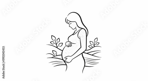 Pregnant woman with hands on belly surrounded by rolling hills and plants