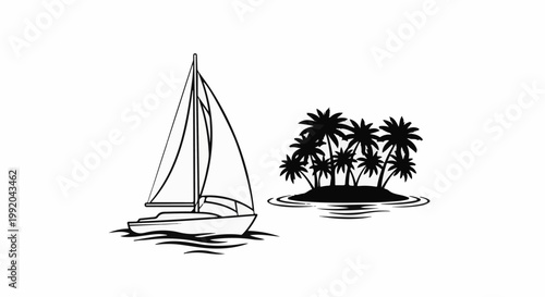 Sailboat sails on water near tropical island with palm trees