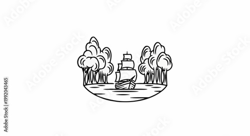Sailing ship between bushy trees on a curved water body