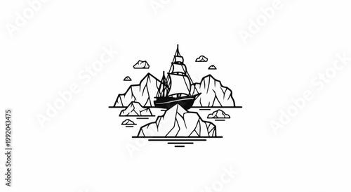 Sailing ship navigates icy, rocky waters under cloudy skies