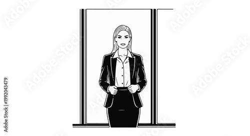 Professional woman in a suit stands looking forward, arms at waist