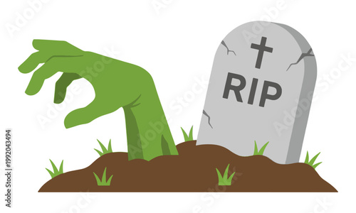 Zombie hand emerging from grave next to RIP tombstone