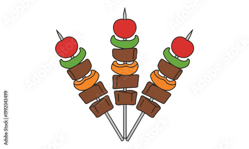 Grilled Beef Skewers Illustration with Vegetables on White