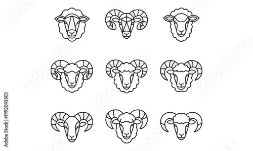 Sheep and ram head geometric line art icons set