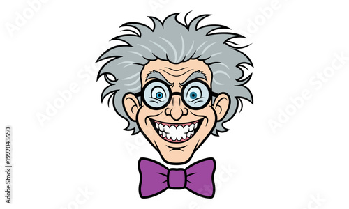 Mad Scientist Face with Messy Hair and Purple Bowtie
