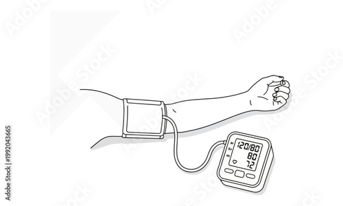 Digital blood pressure monitor measuring human arm line art sketch
