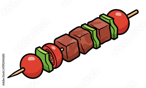 Beef shish kebab with vegetables cartoon illustration on white