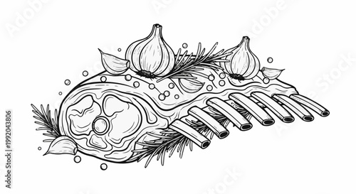 Raw rack of lamb with garlic, rosemary, and peppercorns, black and white illustration
