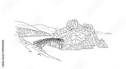 Scenic ink sketch of a quaint bridge connecting a tree-covered hillside to rocky outcrops