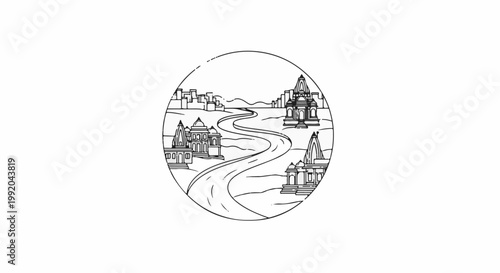 Scenic view of a winding road leading to ancient temples and distant city