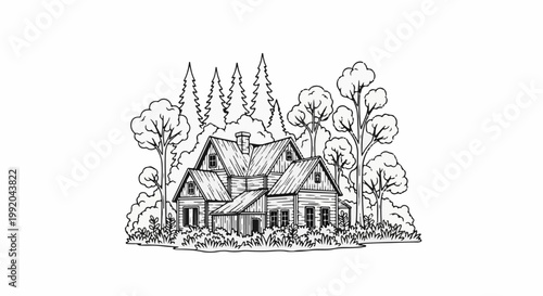Rustic wooden house nestled among trees and foliage