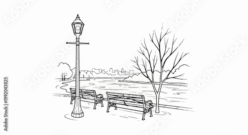 Park scene with benches, lamp post, barren tree, and distant city skyline
