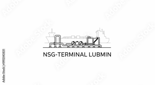 Schematic illustration of an industrial facility with pipelines and tanks by ships