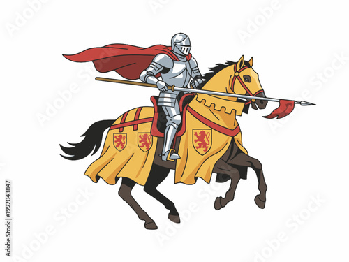 Medieval knight in armor riding horse with lance illustration