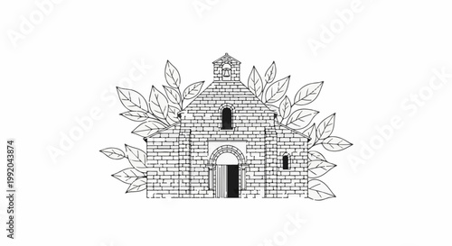 Simple line drawing of a stone building with leaves