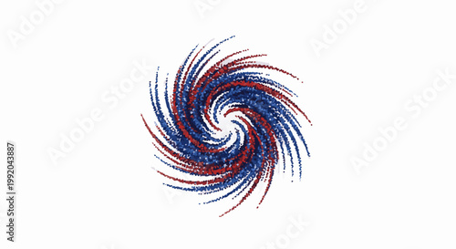 Red and blue particles swirl outwards from a central point creating a vortex effect