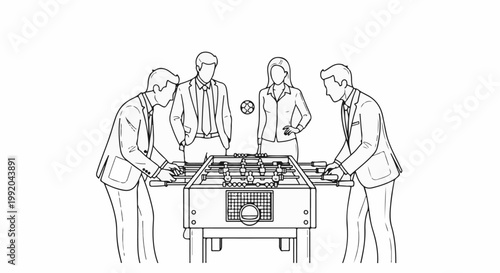 People in suits play foosball, showing teamwork and friendly competition