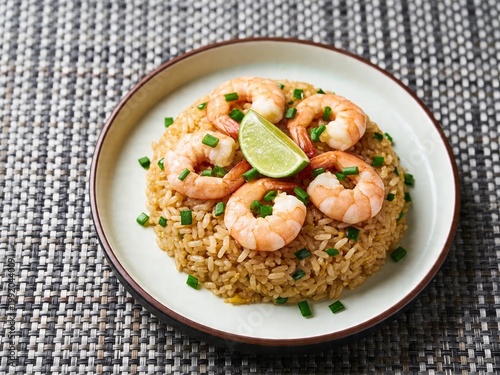 Appetizing shrimp fried rice garnished with fresh lime wedge and green onions on a round plate