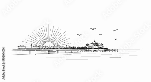 Seaside pier with sunburst and seagulls in a stylized sketch