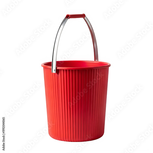 A sturdy red fire bucket with a metal carrying handle and base