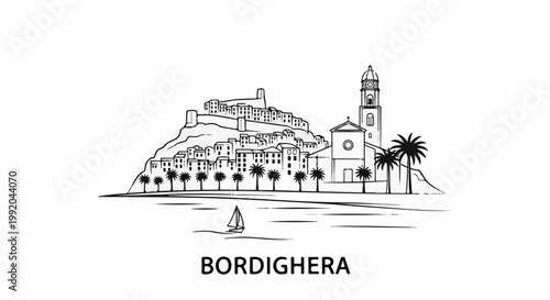 Seaside town with historic buildings, palm trees, and a sailboat