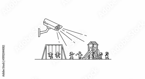 Security camera monitors children playing on a playground with swings and slide