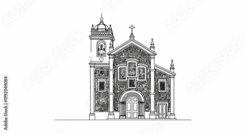 Ornate church building with a bell tower and a prominent cross
