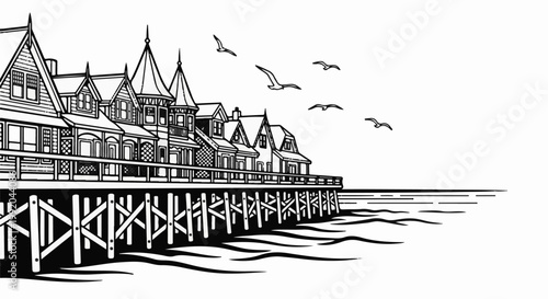 Seaside pier with Victorian-style buildings and seagulls flying over ocean