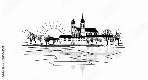 Serene sunrise illuminates a grand historic building reflected in water