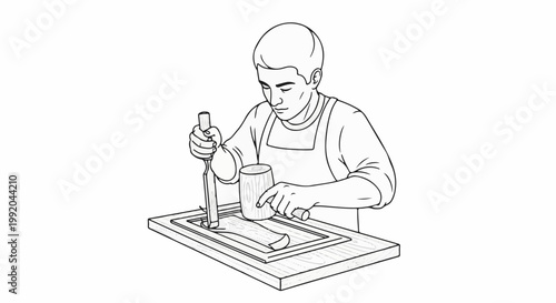Person carving wood with a chisel and mallet on a workbench