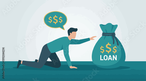 Man reaching for a money bag labeled 'LOAN', concept of financial debt and borrowing