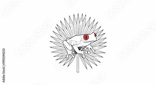 Red-eyed frog perched on a spiky palm leaf, simple line art
