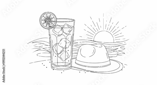 Refreshing drink with ice, lemon slice, hat on beach near sunrise