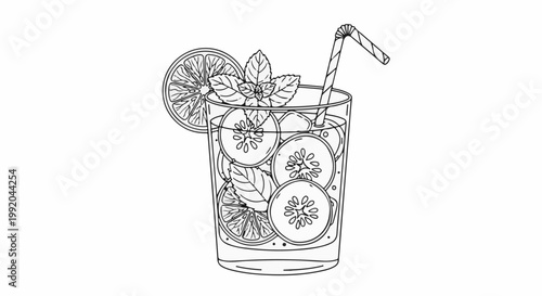 Refreshing drink with citrus slices, cucumber rounds, mint, and ice