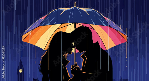 silhouette of woman holding colorful umbrella on rainy night