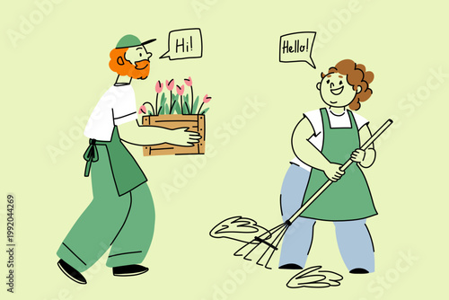 A couple of gardeners with a rake and a flower box in doodle style greet each other, city improvement, community garden, shared hobby