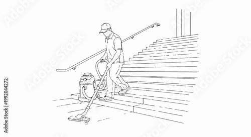 Person cleaning outdoor stairs with a vacuum cleaner and portable vacuum