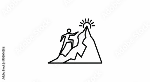 Person climbing a mountain peak towards the sun
