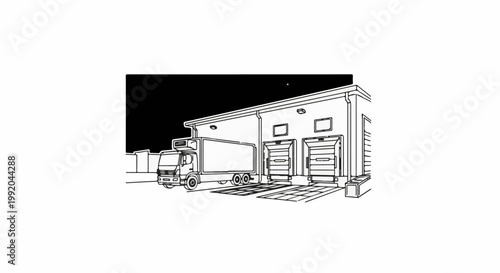 Refrigerated truck parked at warehouse loading docks under dark sky