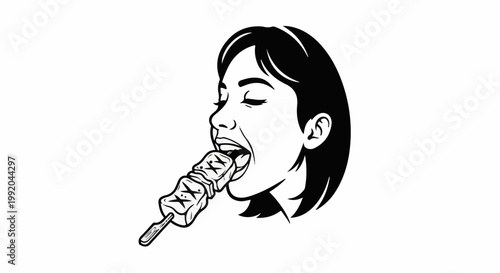 Person enjoying a skewer of food with eyes closed
