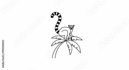 Ring-tailed lemur perches on a stylized palm tree frond
