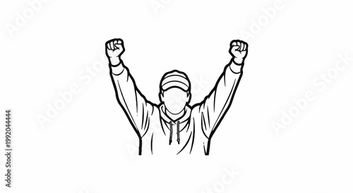 Person in a hoodie and cap with arms raised in triumph or celebration